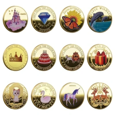Afbeelding van Riisoyu 12 stuks tandfee munten, tooth fairy coins met verschillende patronen, tandenfee souvenirs voor kinderen verloren tanden, munt, cadeaus jongens en meisjes