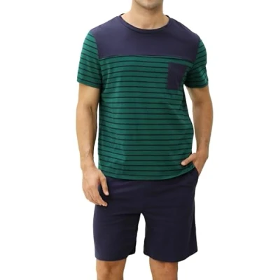 Afbeelding van Reliwel Heren Korte Pyjama Gemaakt van Katoen Contrasterend Streepontwerp Zomer Ronde Hals Mouw Top en Pyjamabroek met Zak Nachtkleding Huispak
