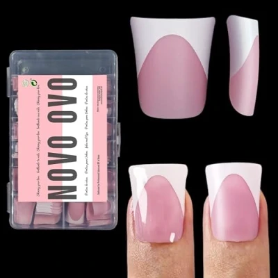 Afbeelding van NOVO OVO French tip Duck Nageltips om op te drukken, zachte gelnagelverlenging, Berry Pink, vooraf aangebrachte primer &amp; base coat, volledige matte kunstnagels zelf maken, 12 maten