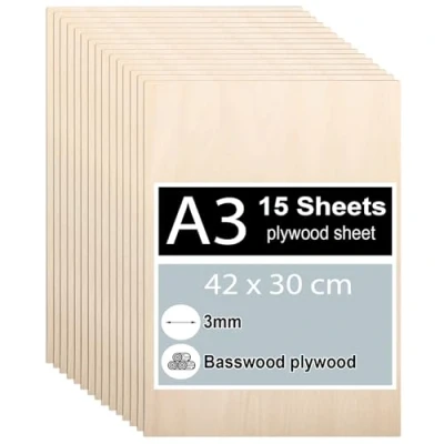Afbeelding van 15 stuks 3 mm multiplex, multiplex 42 x 30 cm, linden dunne houten planken, panelen voor knutselen, laserbewerking, brandschilderen, modelbouw, decoratie, schilderen