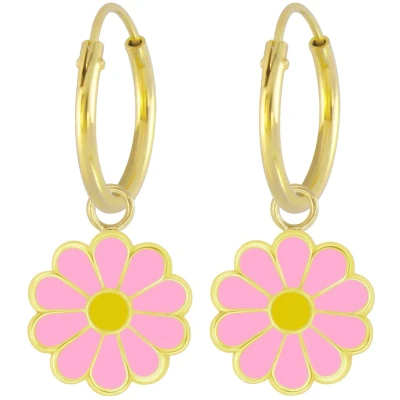 Afbeelding van JoyS Zilveren madelief bloem bedel oorbellen oorringen 14k goudplating