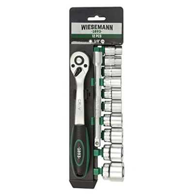 Afbeelding van Dopsleutel set 12 delig met 3/8&quot; ratel, 10mm 24mm zeskant bit verwisselbare doppen en verlengstuk 150mm van chroom vanadium staal houder WIESEMANN 1893 I 80133