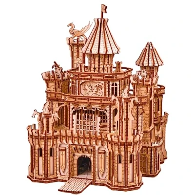 Afbeelding van Wood Trick Drakenkasteel (Dragon Castle), Houten Modelbouw, Technisch Ruimtelijk Inzicht, Uitdagende Puzzel, 978 onderdelen, Geen Lijm of Verf nodig, Met Verlichting, Zeer Gedetailleerd, Draaiende Onderdelen en Verlicht, Geavanceerde Puzzel