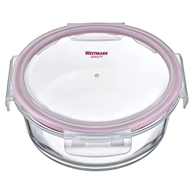 Afbeelding van Glazen vershouddoos, rond, vulvolume: 650 ml, magnetron en ovenbestendig, glas/siliconen/kunststof, transparant/rood