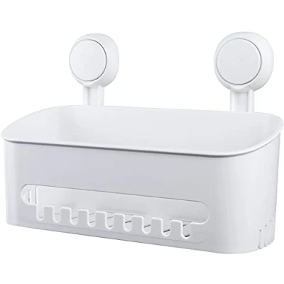 Afbeelding van Uten doucheplank, zuignap, wandplank, zonder boren, zelfklevend, douchemand, herbruikbaar, keukenrek van kunststof, voor badkamer, keuken, woonkamer, wit, 30,5 x 12 12,7 cm