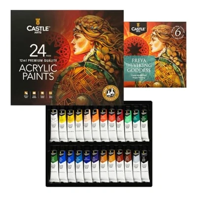 Afbeelding van Castle Art Supplies Acrylverfset van 24 x 12 ml, nieuwe verbeterde formule, voordelige beginnersset voor beginners of volwassen kunstenaars, hoogwaardige intensieve kleuren, glad te gebruiken op
