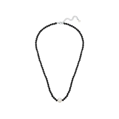 Afbeelding van Valero Pearls Kette Sterling Silber SÜSSWASSERZUCHTPERLE Weiss Achat Schwarz Perlenkette Ketting, Dames, Maat: One Size,