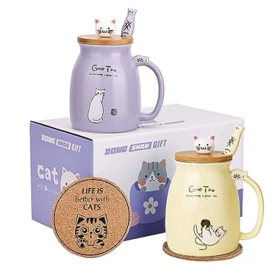 Afbeelding van Kattenmokken set van 2 schattige kattentheekoppen keramische koffiemok met Kawaii deksel en lepel mokken voor vrouwen meisjes kattenliefhebbers 450ml Kerstmis verjaardag kat cadeau mok