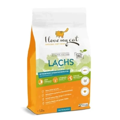 Afbeelding van I love my cat hoogwaardig droogvoer zonder granen met verse zalm rijk aan omega 3 ideaal voor een gezond dieet 1,2 kg