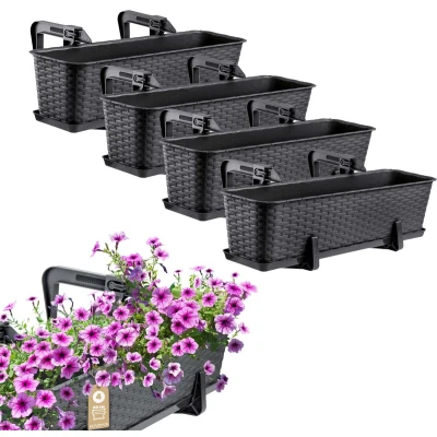 Afbeelding van KADAX Bloembakset, balkonbak van kunststof, plantenbak voor bloemen en kruiden, duurzame balkonpot, balkon, 60 cm, set 4, antraciet