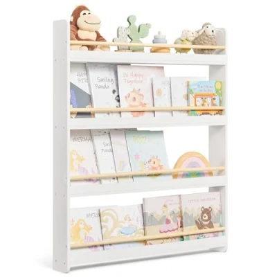 Afbeelding van SONGMICS Kinderboekenkast, 4 laags kinderplank, speelgoedplank, wandplank, voor kinderkamer, speelkamer, wit en naturel GKR014W01