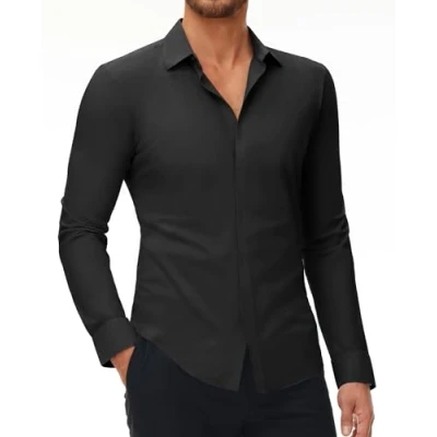 Afbeelding van DEMEANOR Stretch overhemd voor heren, lange mouwen, slim fit, businesshemd, strijkvrij, vrijetijdshemd 1 Zwart, L