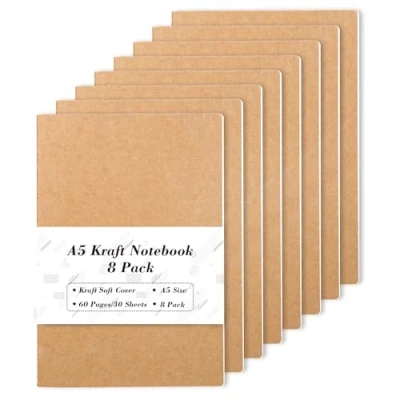 Afbeelding van Feela 8 A5 notitieboekjes met kraftpapier, 60 pagina&#039;s gelinieerd notitieblok, bulk, zachte bruine kaft, multipack voor studenten, reizigers, plannen maken, memo&#039;s schrijven,