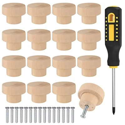 Afbeelding van Vwoqiy 16 stuks houten meubelknoppen, 35 mm deur ladegrepen, kastknoppen, knoppen voor commode, meubels, laden, kasten, kledingkasten, knoppen, handgrepen, met schroevendraaier