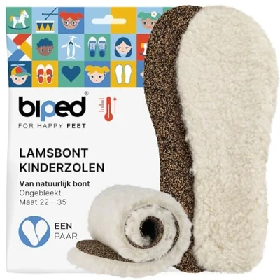 Afbeelding van biped inlegzooltjes van premium lamsvel voor kinderen ongekleurd, met kurk en gerecycled rubber onderkant verwarmende z1024(30 31)