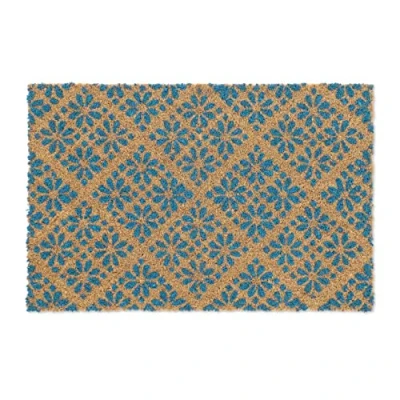 Afbeelding van Relaxdays deurmat floraal, 60 x 40 cm, kokos, antislip onderzijde, weerbestendig, voor binnen en buiten, blauw/natuur