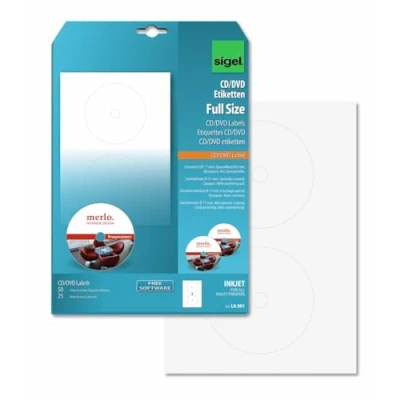Afbeelding van SIGEL LA501 CD/DVD etiketten met centreerhulp, Ø 11,7 cm (midden 1,7 cm), 50 lbl gelijk aan 25 vellen, Wit