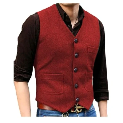 Afbeelding van Solovedress Vintage klassieke wollen kostuumvest voor heren, formeel, regular fit, gilet bruiloft, gilet, rood, M