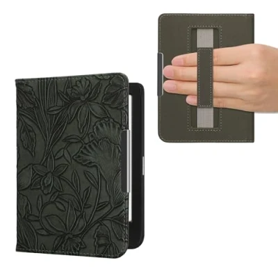 Afbeelding van kwmobile E reader hoesje geschikt voor Kobo Clara BW / Colour hoes flip case met magneetsluiting Ereader cover Bloemen in reliëf design groen