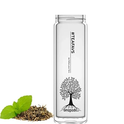 Afbeelding van amapodo theefles met zeefje to go drinkfles voor thee van glas in 400ml dubbelwandige theepot accessoires (Transparant Vervangglas (Tea Tree Design))