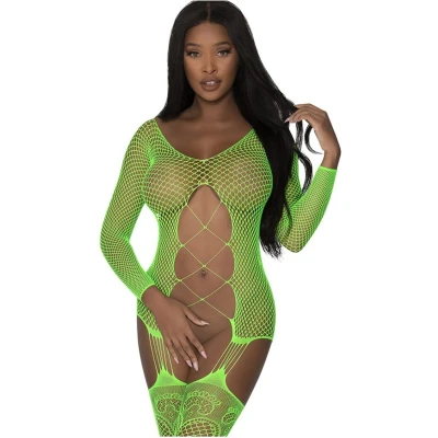 Afbeelding van Fishnet Gartered Catsuit One Size Lime