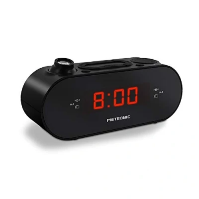 Afbeelding van Metronic 477039 FM wekkerradio, projectie, dubbel alarm, met slaap /snooze functies, instelbare helderheid en tijdbesparende batterijen, zwart