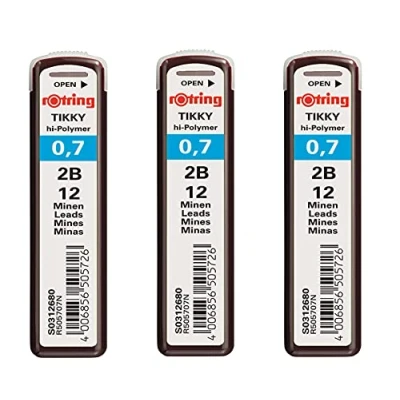 Afbeelding van Rotring Tikky 0,7 mm 2B Hi Polymeer Sterke Donkere Potlood Vullingen voor Mechanische Potloden 36 Leads in Totaal Pack van 3 tubes