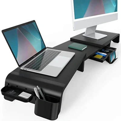 Afbeelding van monitorstandaard met lades en opbergruimte, MDF schermstandaard voor computer TV laptop, draaibare in lengte verstelbaar telefoonhouder, 74 107 x 23,5 8,9 cm, zwart