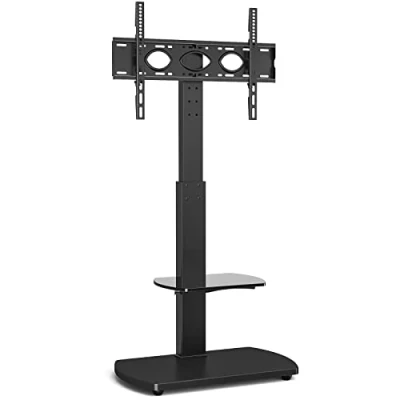Afbeelding van TTAP TV standaard voor 32 55 inch tv&#039;s met zwarte voet en enkele glazen plank/met draaibare in hoogte verstelbare montagebeugel