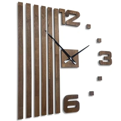 Afbeelding van FLEXISTYLE Muurklok doe het zelf hout eiken lamellen grote wandklok 3D modern design ecologisch decoratieve klok voor kantoor, woonkamer, slaapkamer (XXL 100 cm, bruin, zwarte wijzers)