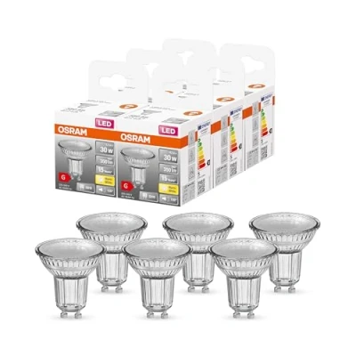 Afbeelding van OSRAM PAR16 LED reflectorlamp met GU10 voet, warm wit (2700K), glazen spot, 4,3W, vervanging voor 50W reflectorlamp, STAR , verpakking van 6