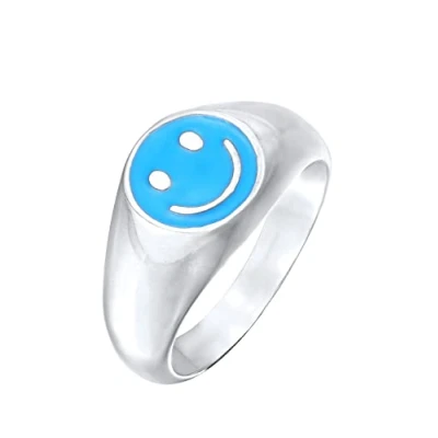 Afbeelding van KUZZOI Heren Ring Zegel met lachend Gezicht en zwart Emaille in 925 Sterling Zilver