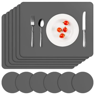 Afbeelding van APLKER Wasbare placemats, set van 6 placemats en onderzetters pvc, tafelsets, antislip, waterdicht, hittebestendig, 41 x 31 cm, donkergrijs