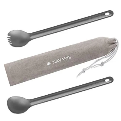 Afbeelding van Navaris spork en lepel met extra lange handgreep Campingbestek van titanium Bestek voor onderweg Lichtgewicht Inclusief bewaarzakje