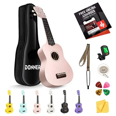 Afbeelding van Donner Sopraan Ukelele voor Beginner met Gratis Online Lesson Bag Strap String Tuner Picks, DMU 01 21 Inch Matte ukalee Bundel Kit Macaron Series Light Pink