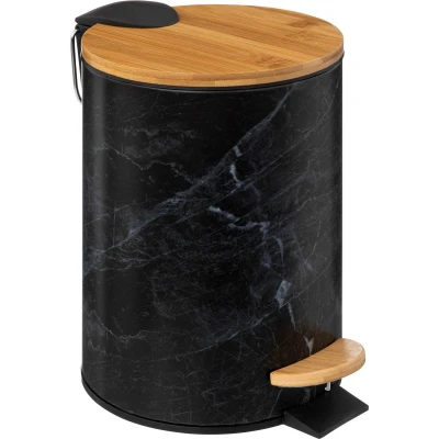 Afbeelding van 5Five Prullenbak/pedaalemmer Marmer look zwart 3 liter metaal/bamboe 17 x 25 cm Pedaalemmers