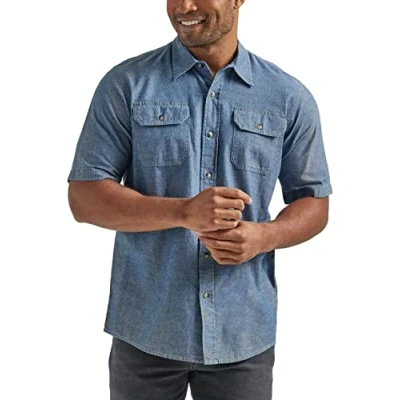 Afbeelding van Wrangler Authentics Klassiek geweven overhemd met korte mouwen voor heren, Donkere Chambray, XL