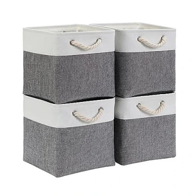 Afbeelding van Mangata Stoffen opbergmand, canvas kubus opbergdoos, voor opbergkasten, planken, kledingkasten, grijs/wit, 30 x cm, set van 4 stuks