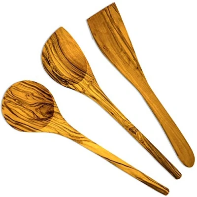 Afbeelding van Hoogwaardige kooklepel set van 3 olijfhout rond + met hoek spatel (set 3)