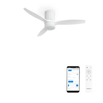 Afbeelding van CREATE Windcalm Line Plafondventilator met verlichting, wit verticale lijnen, wifi en afstandsbediening, 40 W, Ø 132 cm, 6 snelheden, 3 lichttemperaturen, zomer wintermodus