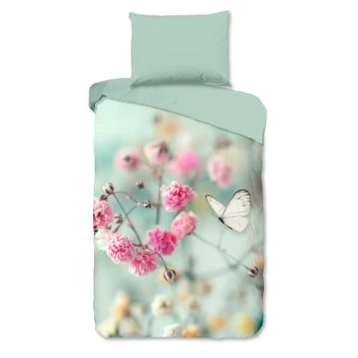 Afbeelding van Cheqo® Dekbedovertrek 140x200 cm Bloemen en Vlinders Print Mint 1 Persoons 100% Katoen Oeko Tex Gecertificeerd
