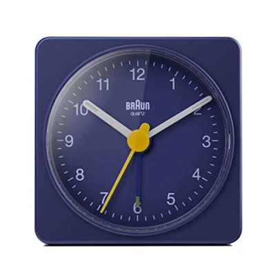 Afbeelding van Braun Klassieke analoge reiswekker, compact formaat, rustig kwartsuurwerk, Crescendo alarm in blauw, model BC02BL, grijs, Eén maat, Manchet