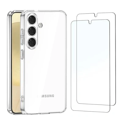 Afbeelding van NEW&#039;C Hoesje voor Samsung Galaxy S24 5G Extreem Transparante Siliconen Soft TPU Gel en 2x Screen Protector Gehard Glass Schermbeschermer