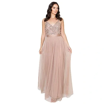 Afbeelding van Maya Deluxe Mouwloze Streep Versierde Maxi Jurk Prom, Taupe Blush, 16