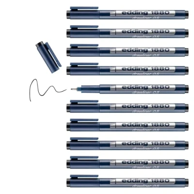 Afbeelding van edding 1880 precisiefineliner zwart 10 stiften lijnbreedte 0,5 mm fineliner om precies te schrijven en schetsen fijne, in metaal gevatte punt geschikt voor liniaal sjablonen