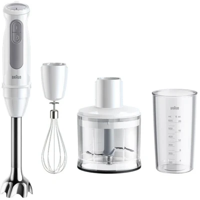 Afbeelding van Braun MultiQuick 5 MQ50.236M Minipimer met PowerBell Plus technologie, 21 snelheden + Turbo, EasyClick systeem voor accessoires, hakmolen 500 ml, garde van roestvrij staal en beker 600 1000 W, wit