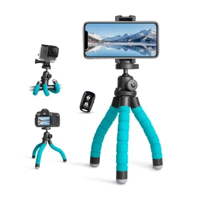 Afbeelding van UBeesize mobiele telefoonstatief, mini statief voor smartphone en camera, tripod iPhone met Bluetooth telefoon draadloze afstandsbediening reizen (blauw)