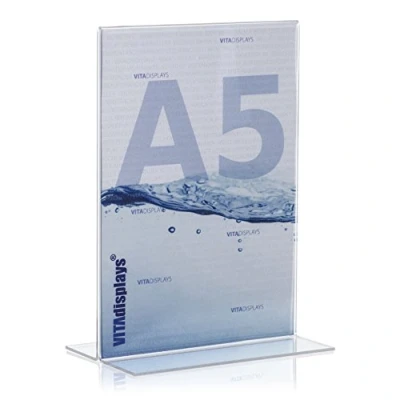 Afbeelding van VITAdisplays® DIN A5 tafelstandaard/reclamestandaard als T standaard/T standaard van origineel plexiglas ®