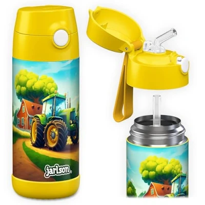 Afbeelding van Jarlson® Charli Drinkfles voor kinderen, roestvrij staal, met rietje, thermosfles 350 ml, TÜV getest, BPA vrij, lekvrij, thermische waterfles school, kleuterschool, tractor, ml