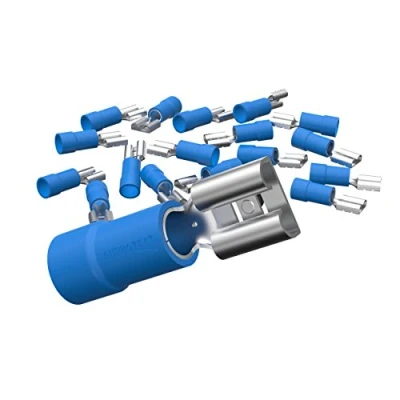 Afbeelding van AUPROTEC 25 x platte steekhulzen, 1,5 2,5 mm², blauw/steekbreedte 6,3 mm, deels geïsoleerd, pvc, vrouwelijke connector, FDD kabelconnector van vertind messing
